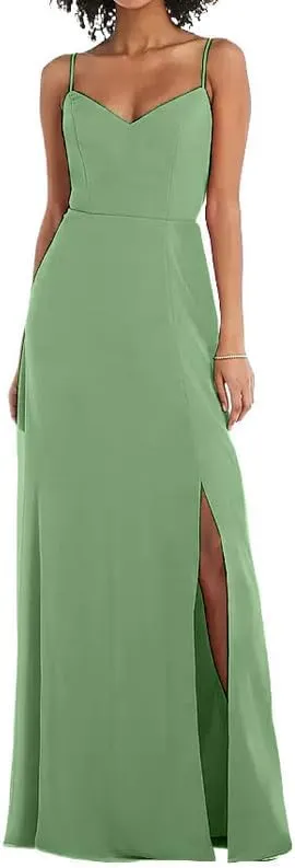 Spaghetti Straps Bridesmaid Dresses for Women 2024 Chiffon Sheath Long Evening Gowns with Slit V-Neck Open Back