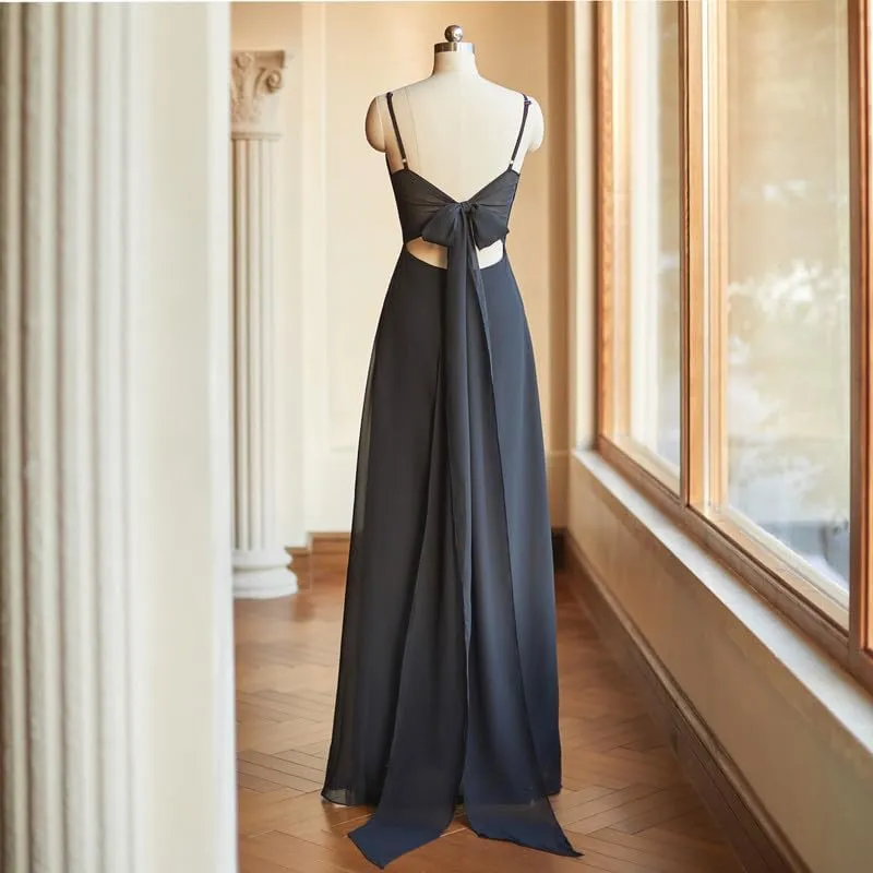 Spaghetti Straps Bridesmaid Dresses for Women 2024 Chiffon Sheath Long Evening Gowns with Slit V-Neck Open Back