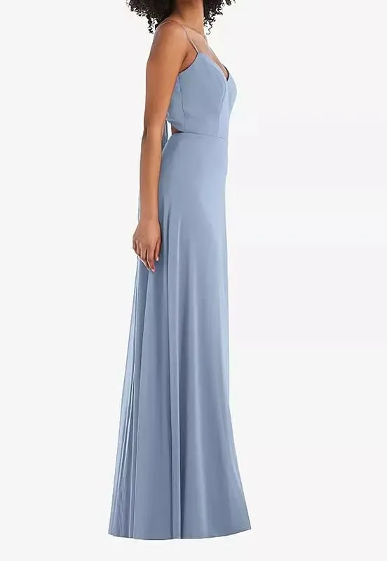 Spaghetti Straps Bridesmaid Dresses for Women 2024 Chiffon Sheath Long Evening Gowns with Slit V-Neck Open Back