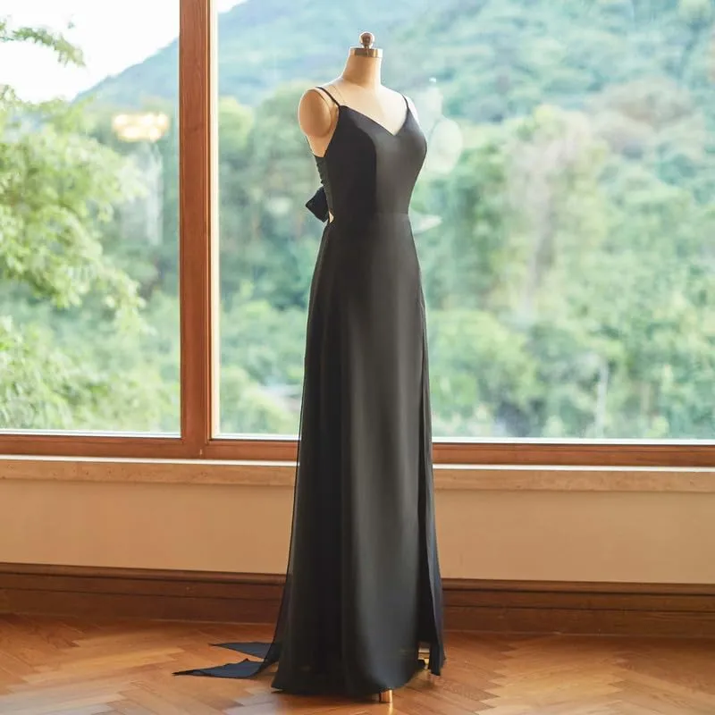 Spaghetti Straps Bridesmaid Dresses for Women 2024 Chiffon Sheath Long Evening Gowns with Slit V-Neck Open Back