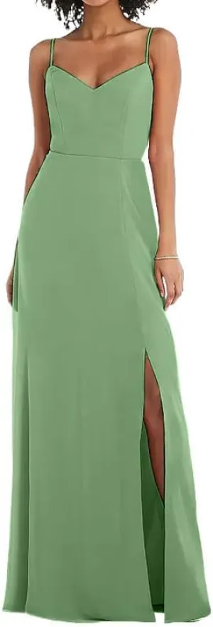 Spaghetti Straps Bridesmaid Dresses for Women 2024 Chiffon Sheath Long Evening Gowns with Slit V-Neck Open Back