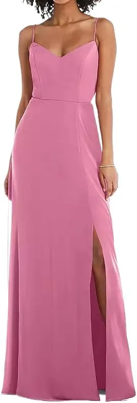 Spaghetti Straps Bridesmaid Dresses for Women 2024 Chiffon Sheath Long Evening Gowns with Slit V-Neck Open Back