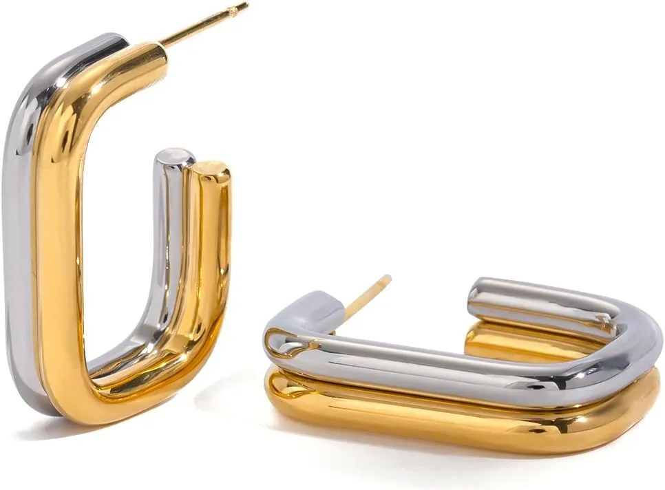 Stainless Steel Dual Color Rectangle Stud Earrings,18K Gold Plated Contrast Color Earrings For Women,Jewelry Gifts For Birthday Festivals