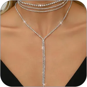 Statement Layered Sparkly Crystal Choker Black Long Tassel Y Necklace for Women, Dainty Multilayer Silver Bling Rhinestone Necklaces Prom Jewelry Gift