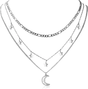 Sterling Silver Layered Necklaces for Women with Star and Moon pendant Choker Stacked Chain Necklace Set Celestial Jewelry