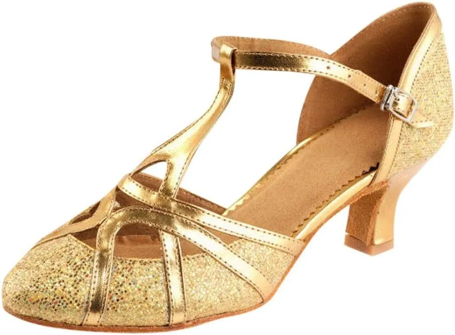 SuanlaTDS Latin Salsa Women's Dance Dance Shoes Prom Ballroom Shoes Women's high Heels Platform Tie (Gold, 7.5)