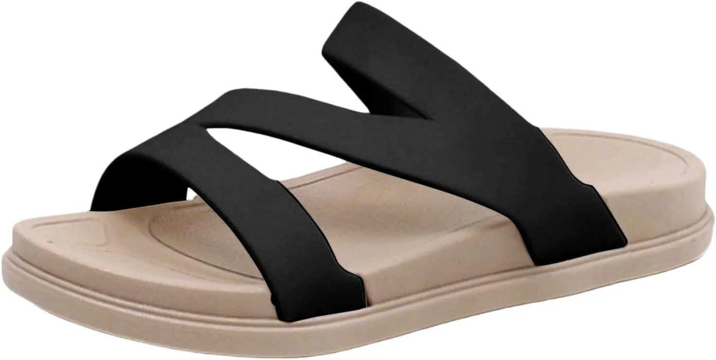 SuanlaTDS Women's Flat Sandals Comfortable 2025 Wedge Arch Support Open Toe Summer Beach Slippers Bohemian Low Heels Walking Shoes Outdoor Casual Dressy Flats Slip On Slides Sandal