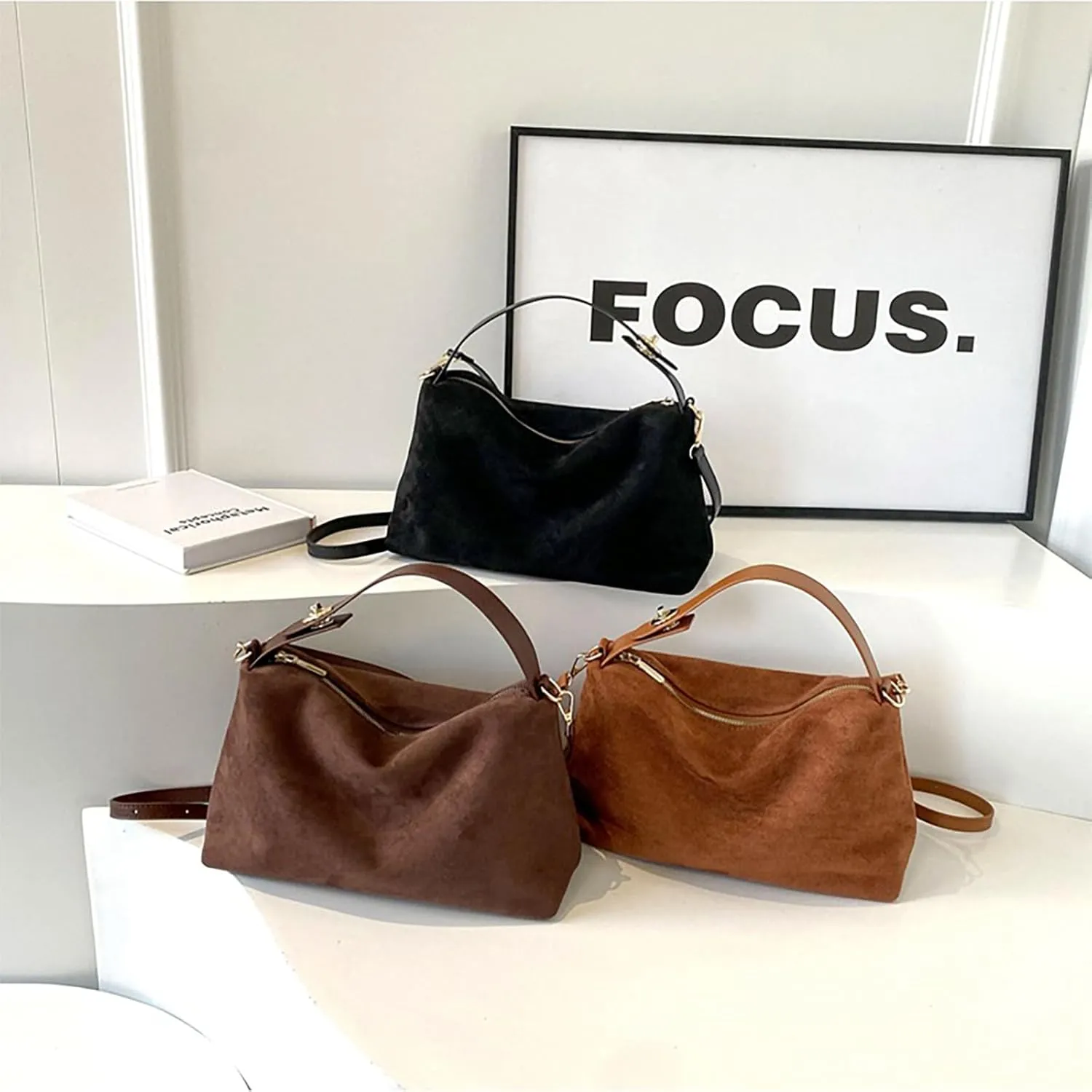 Suede Bags for Women Retro Slouchy Shoulder Bag Satchel Purses Crossbody Hobo Handbags