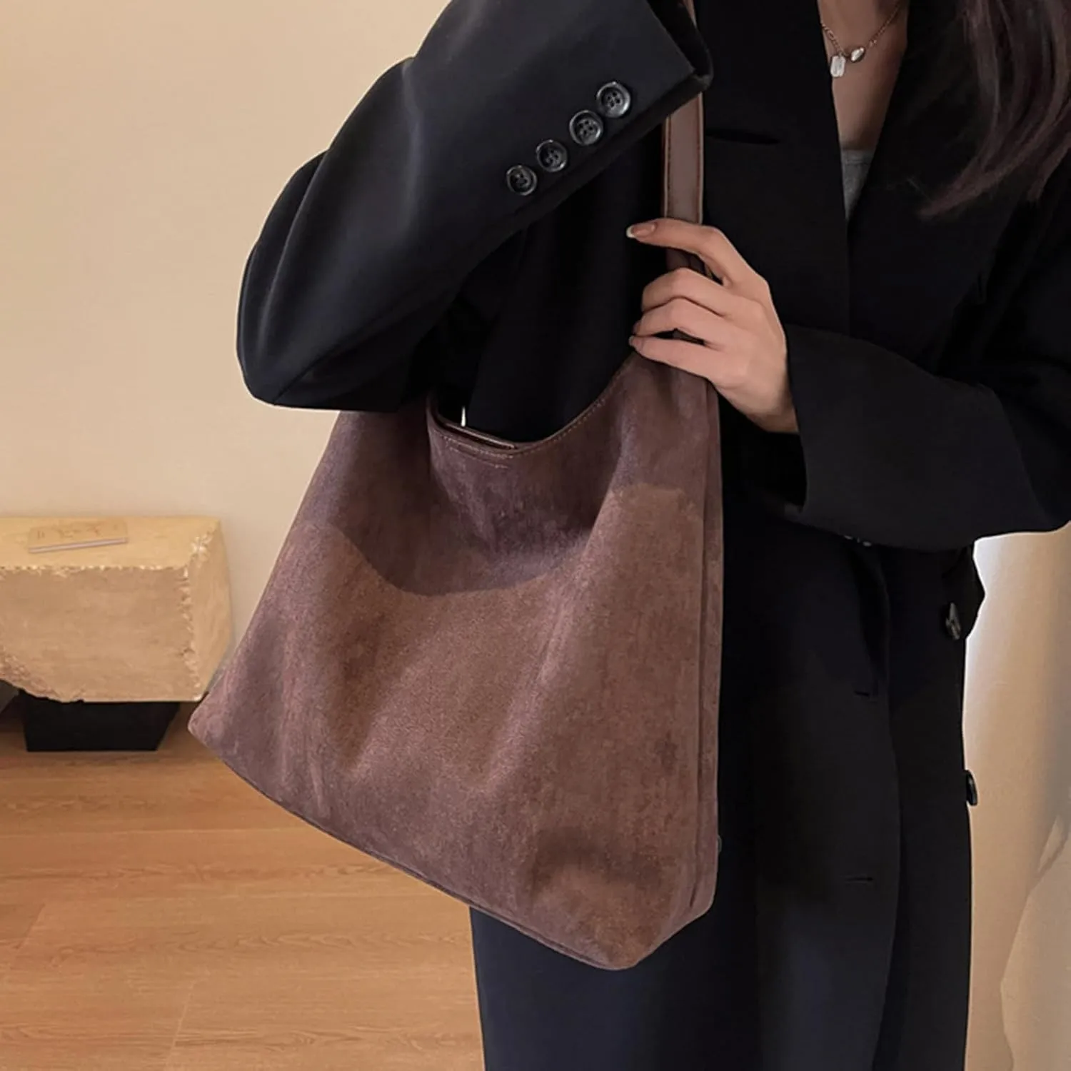 Suede purses for Women 2024 Slouchy Shoulder Bags Soft Leather hobo bag Brown Tote Handbag for Work Everyday