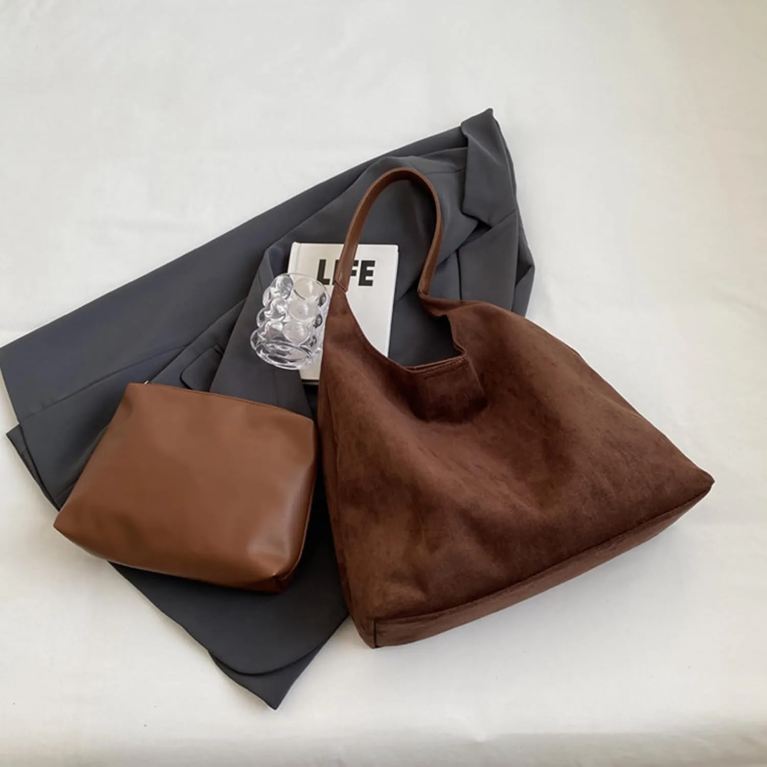 Suede purses for Women 2024 Slouchy Shoulder Bags Soft Leather hobo bag Brown Tote Handbag for Work Everyday