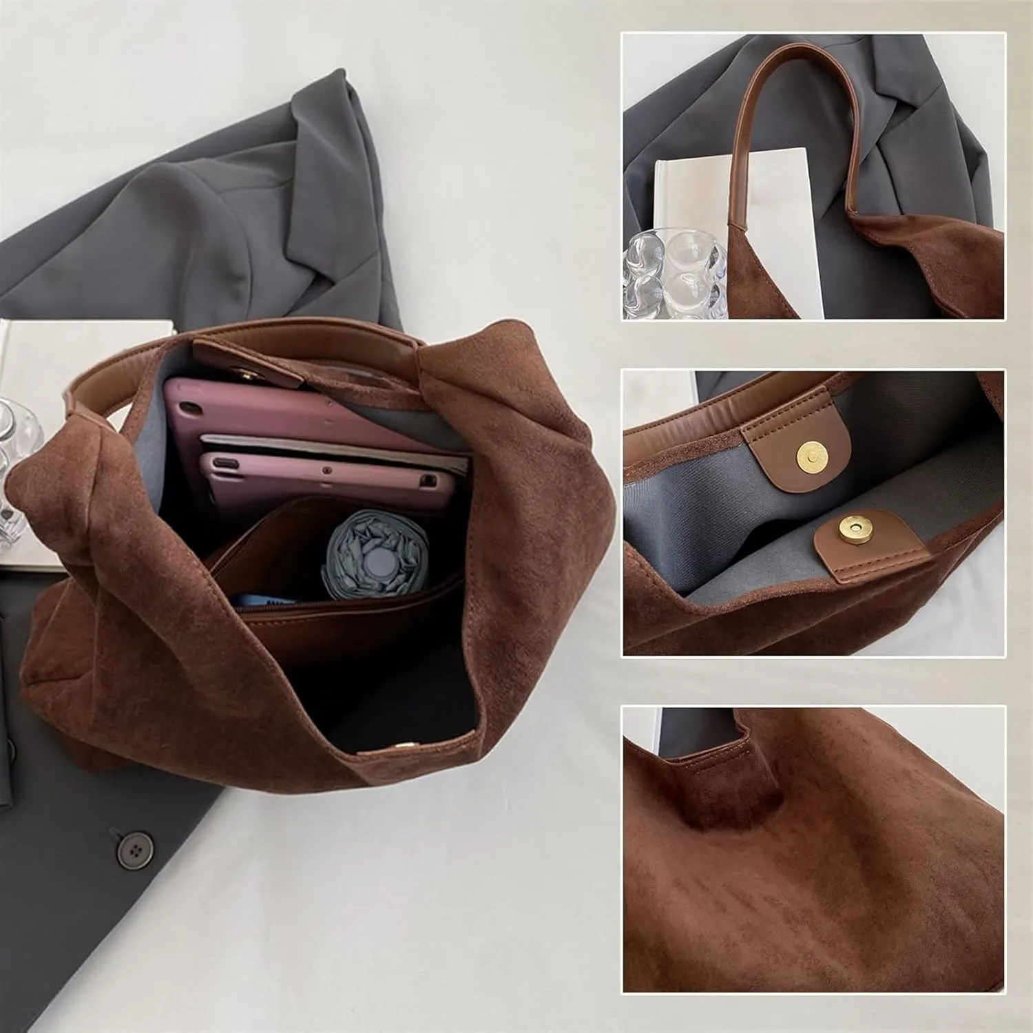 Suede Tote Bag For Women, Suede Purse Slouchy Bag, Shoulder Hobo Women'S Top Handle Handbags Work Leather Bag