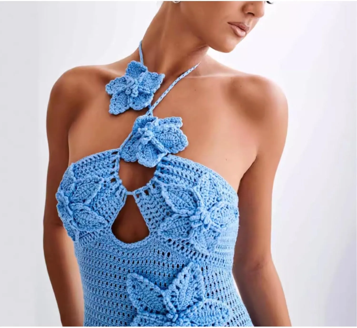 Summer 3D Flower Party Dresses Women's Halter Knitted Hollow Out Backless Dress Cover Up Holiday Party Maxi Robe