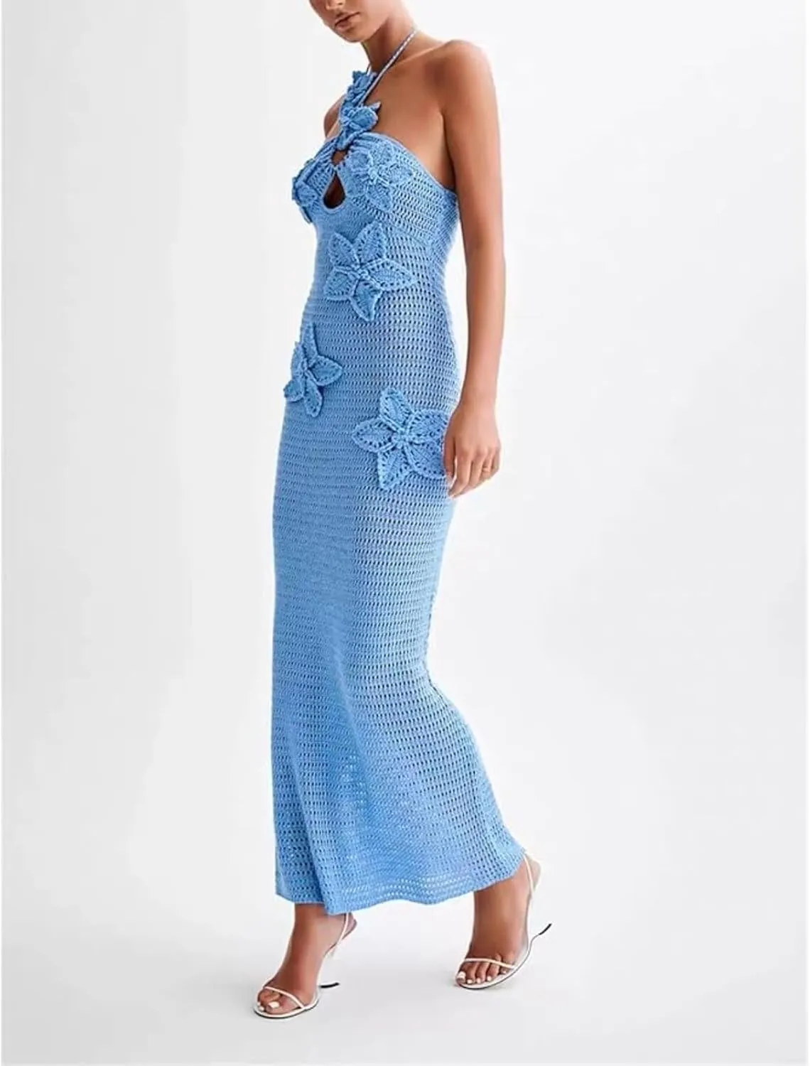 Summer 3D Flower Party Dresses Women's Halter Knitted Hollow Out Backless Dress Cover Up Holiday Party Maxi Robe