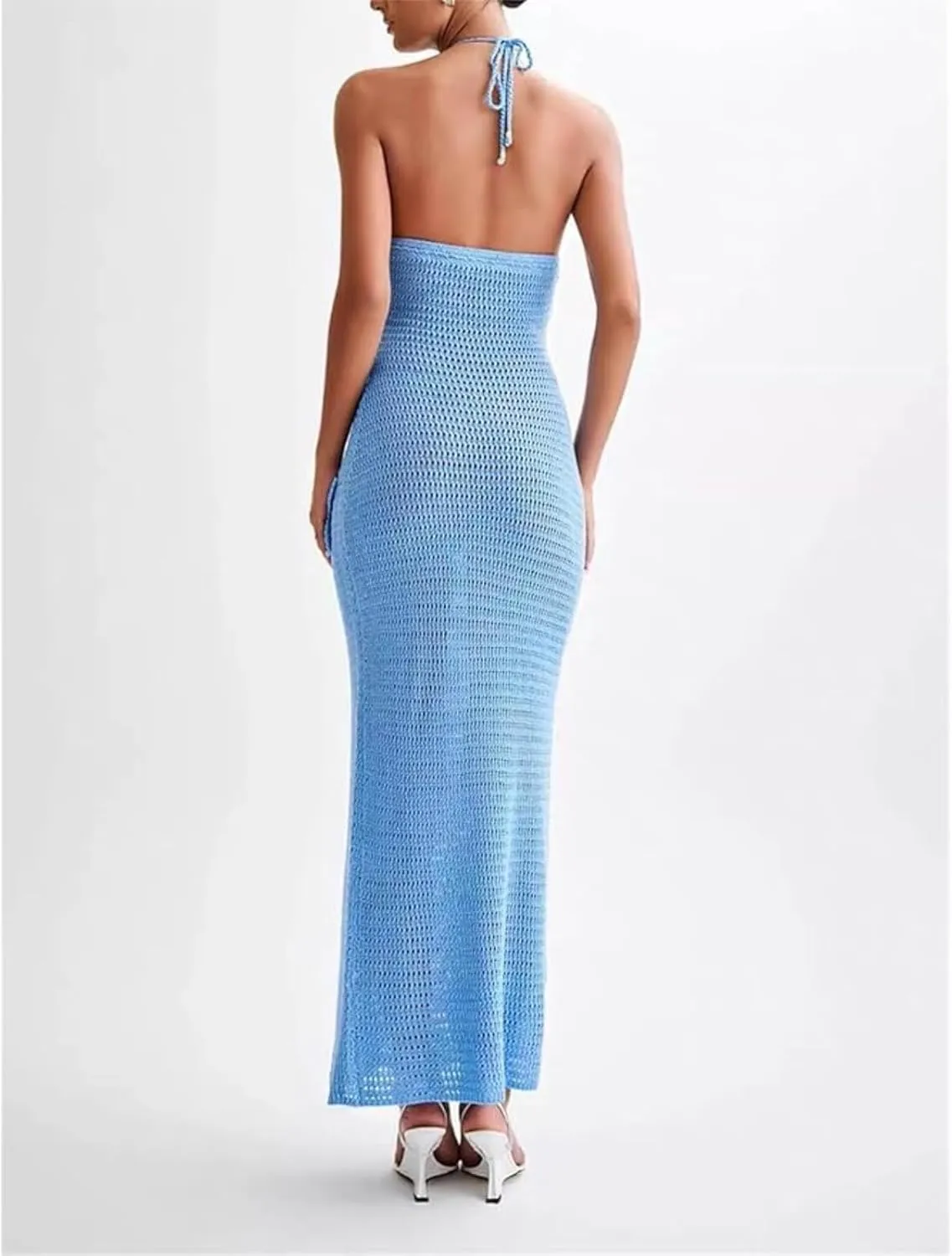 Summer 3D Flower Party Dresses Women's Halter Knitted Hollow Out Backless Dress Cover Up Holiday Party Maxi Robe