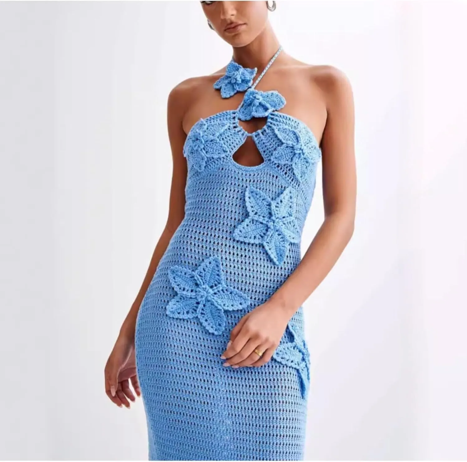 Summer 3D Flower Party Dresses Women's Halter Knitted Hollow Out Backless Dress Cover Up Holiday Party Maxi Robe