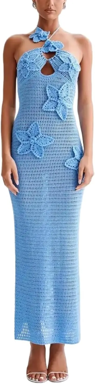 Summer 3D Flower Party Dresses Women's Halter Knitted Hollow Out Backless Dress Cover Up Holiday Party Maxi Robe