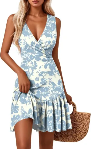 Summer Dresses for Women 2025,Womens Sleeveless Sexy Wrap V Neck Floral Sundress A-Line Ruffle Mini Dress