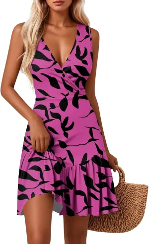 Summer Dresses for Women 2025,Womens Sleeveless Sexy Wrap V Neck Floral Sundress A-Line Ruffle Mini Dress