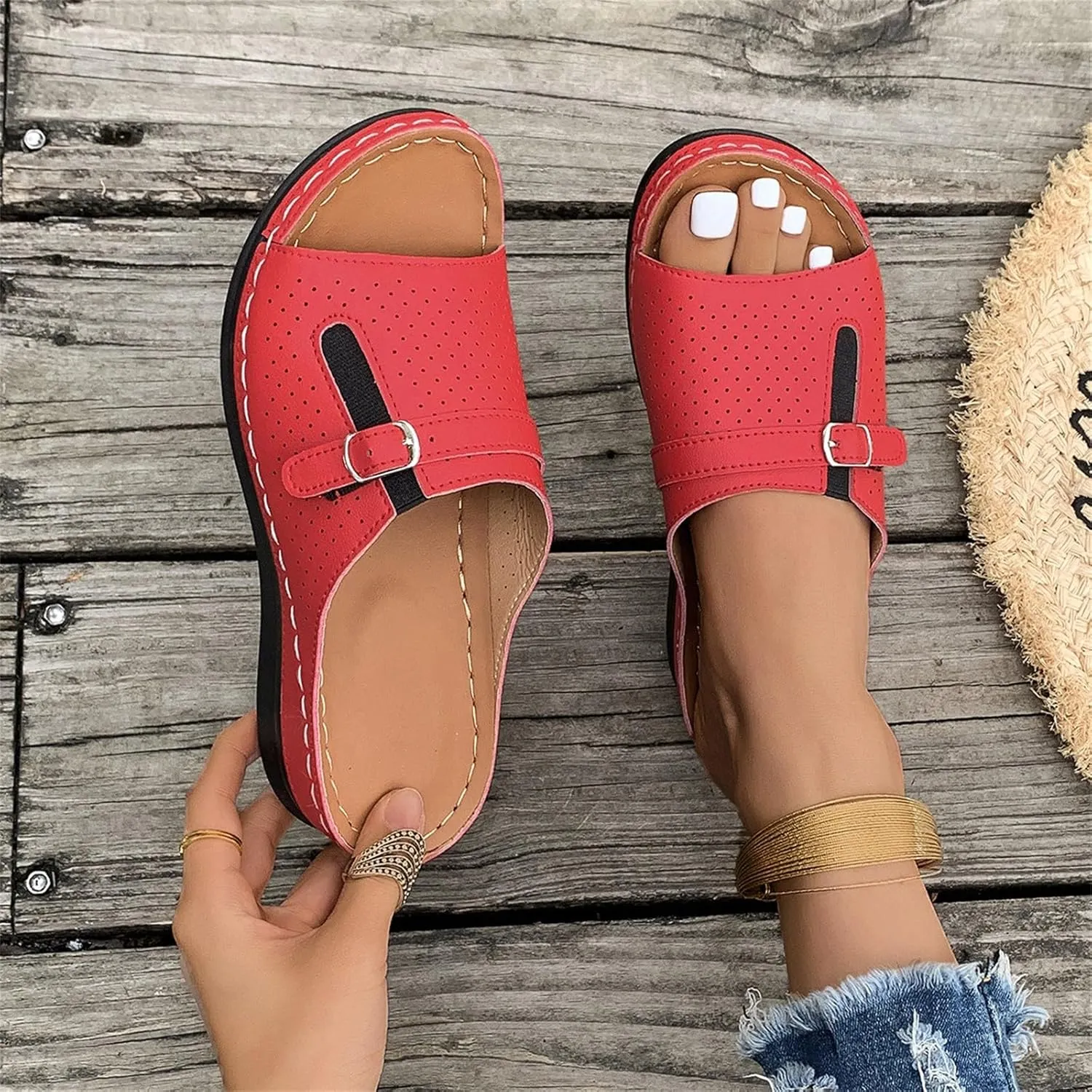 Summer Sandals for Women 2025 Platform Wedge Comfortable Arch Support Slides Open Toe Wide Width Orthotic Leather Sandals