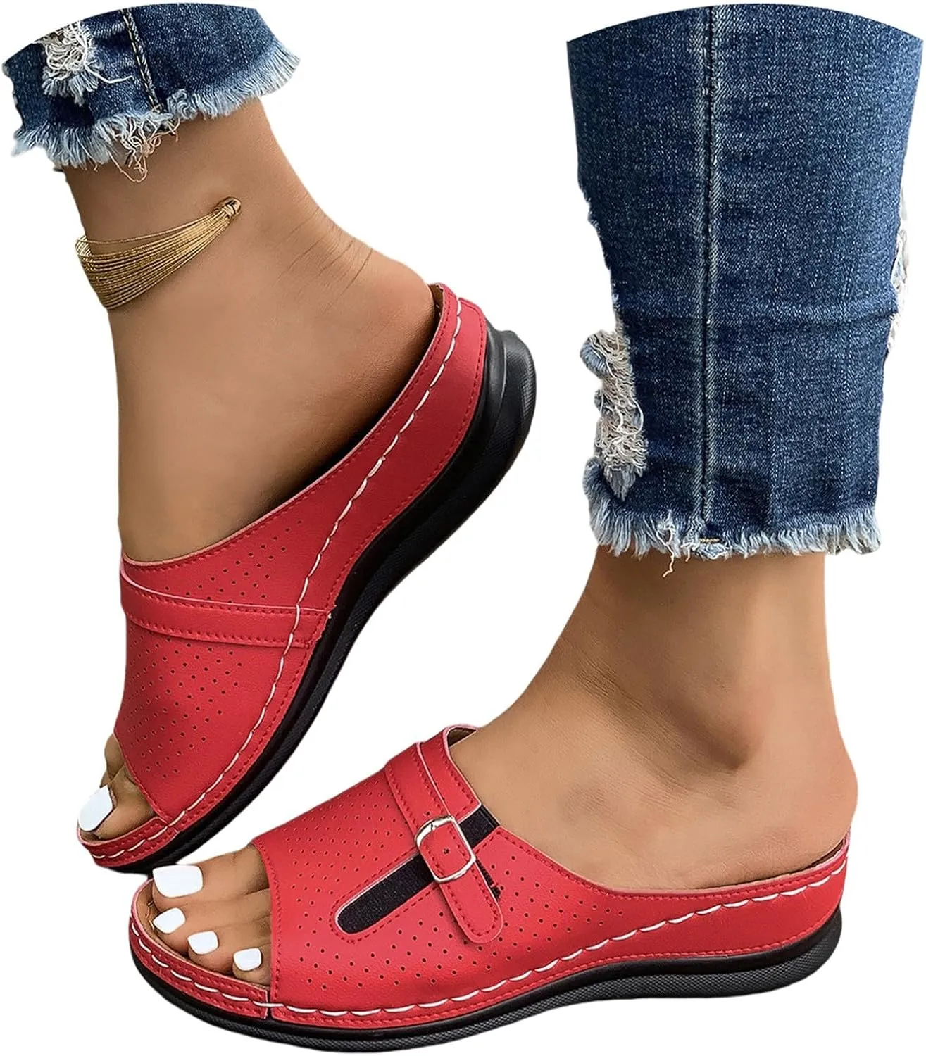 Summer Sandals for Women 2025 Platform Wedge Comfortable Arch Support Slides Open Toe Wide Width Orthotic Leather Sandals