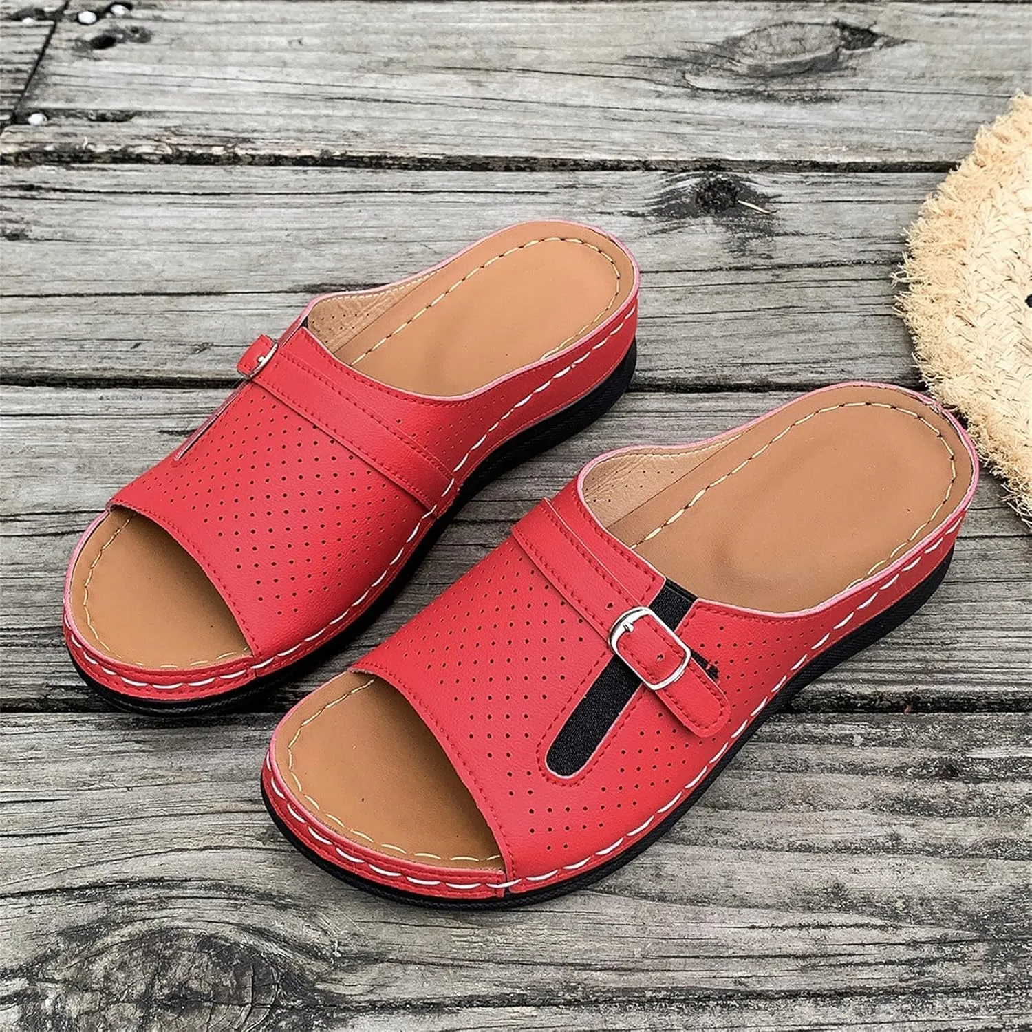 Summer Sandals for Women 2025 Platform Wedge Comfortable Arch Support Slides Open Toe Wide Width Orthotic Leather Sandals
