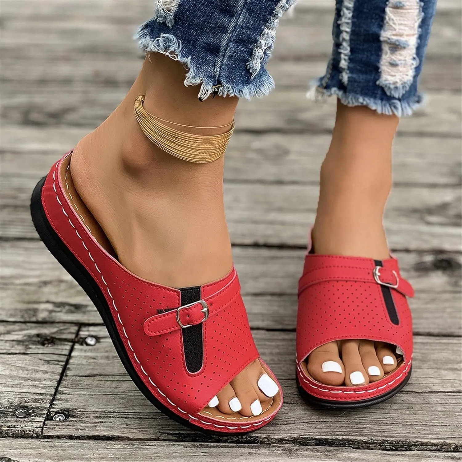 Summer Sandals for Women 2025 Platform Wedge Comfortable Arch Support Slides Open Toe Wide Width Orthotic Leather Sandals