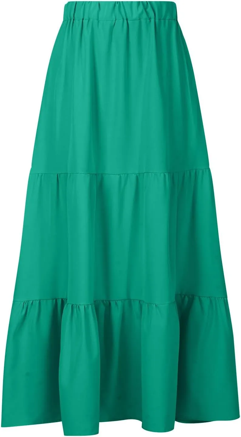 Summer Skirts for Women 2025 Casual Flowy Beach Long Pleated Skirt Cute Elastic Waisted Maxi Skirt with Pockets