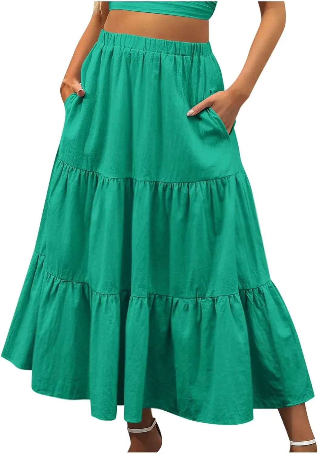 Summer Skirts for Women 2025 Casual Flowy Beach Long Pleated Skirt Cute Elastic Waisted Maxi Skirt with Pockets