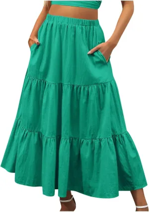 Summer Skirts for Women 2025 Casual Flowy Beach Long Pleated Skirt Cute Elastic Waisted Maxi Skirt with Pockets