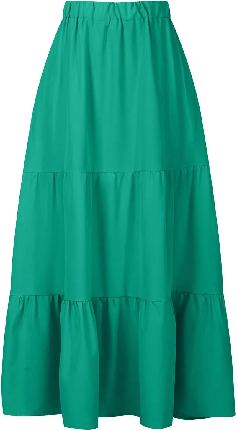 Summer Skirts for Women 2025 Casual Flowy Beach Long Pleated Skirt Cute Elastic Waisted Maxi Skirt with Pockets