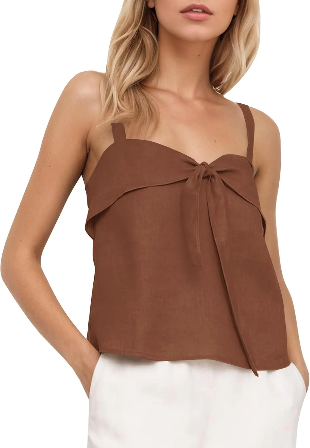 Summer Sweetheart Neckline Tie Front Tops for Women Cute Flowy Solid Sleeveless Backless Cotton Linen Crop Tank Top