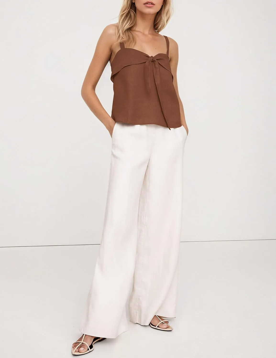 Summer Sweetheart Neckline Tie Front Tops for Women Cute Flowy Solid Sleeveless Backless Cotton Linen Crop Tank Top