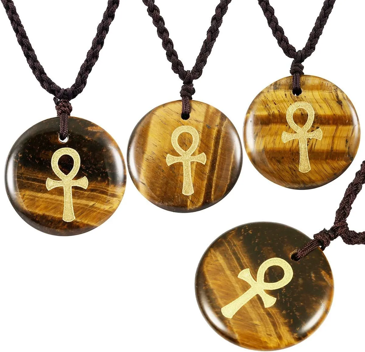 SUNYIK Egyptian Ankh Cross Engraved Round Stone Amulet Pendant Necklace, Adjustable Wave Necklaces for Unisex