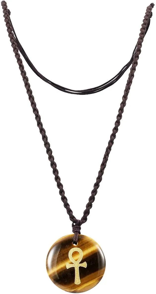 SUNYIK Egyptian Ankh Cross Engraved Round Stone Amulet Pendant Necklace, Adjustable Wave Necklaces for Unisex