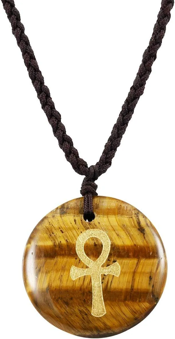 SUNYIK Egyptian Ankh Cross Engraved Round Stone Amulet Pendant Necklace, Adjustable Wave Necklaces for Unisex