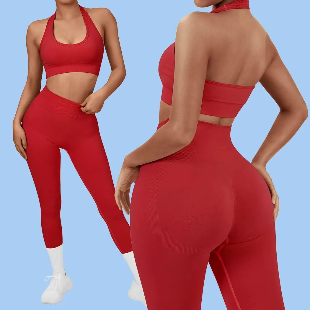 SUUKSESS Women Seamless Halter Sports Bra Open Back Padded Workout Crop Tank Tops