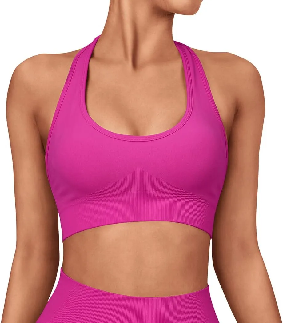 SUUKSESS Women Seamless Halter Sports Bra Open Back Padded Workout Crop Tank Tops