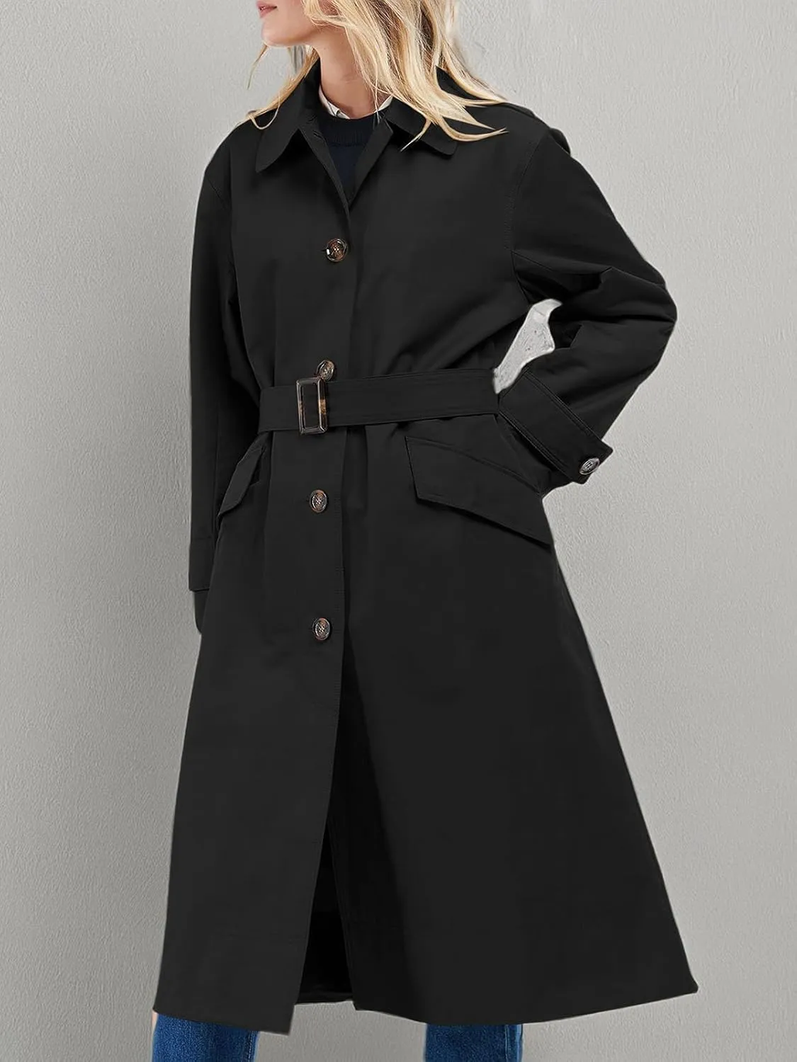Tankaneo Womens Trench Coats Single Breasted Long Windproof Overcoat with Pockets and Belt