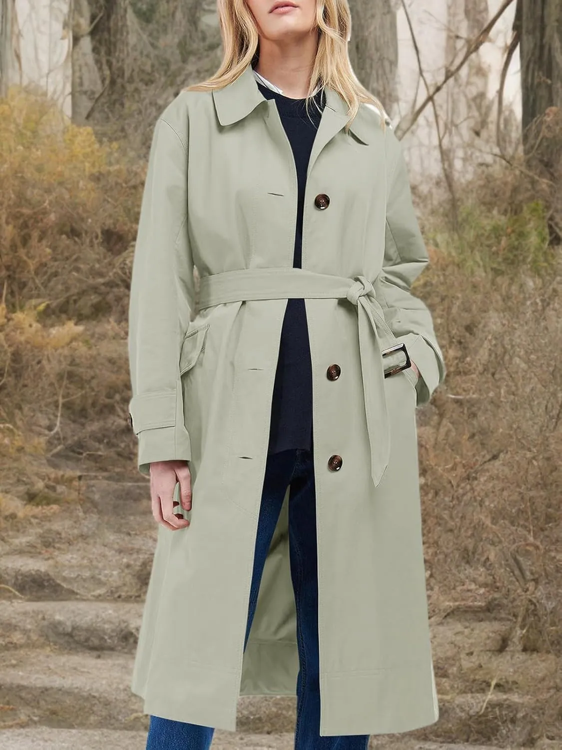 Tankaneo Womens Trench Coats Single Breasted Long Windproof Overcoat with Pockets and Belt