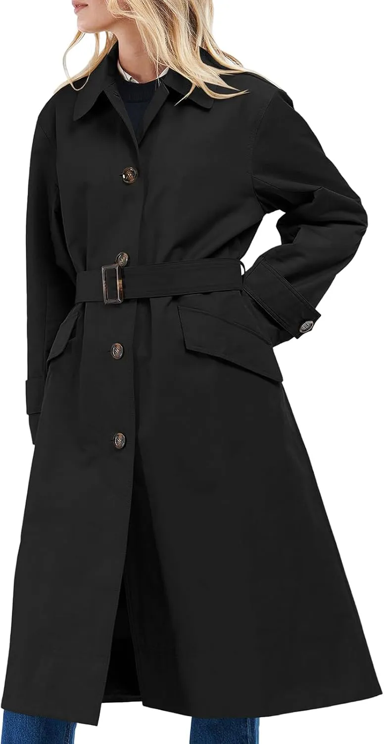 Tankaneo Womens Trench Coats Single Breasted Long Windproof Overcoat with Pockets and Belt