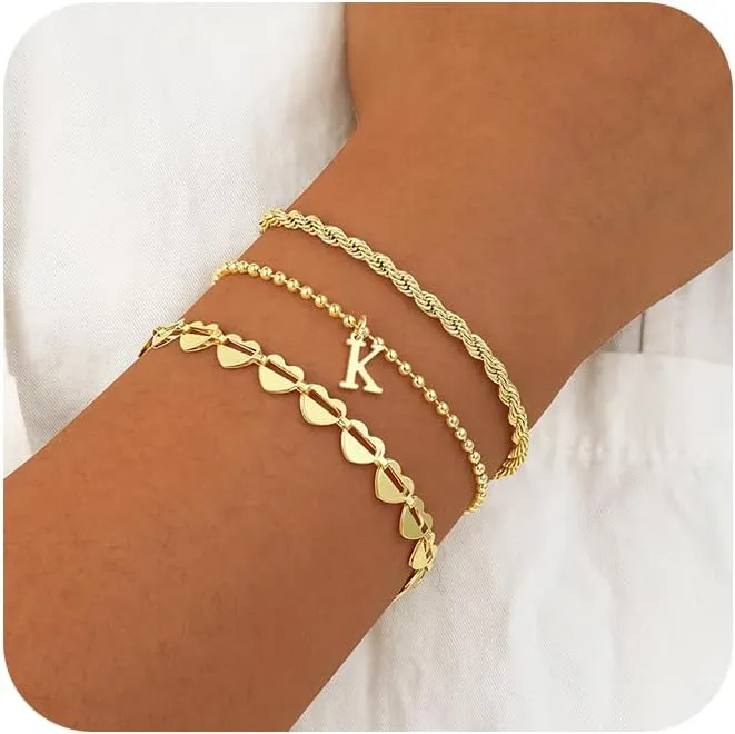Tasiso Gold Bracelets for Women Gifts, 18K Gold Plated Letter Initial Bracelet Dainty Bead Monogram Bracelet Gold Initial Bracelets for Women Cute Jewelry Gifts
