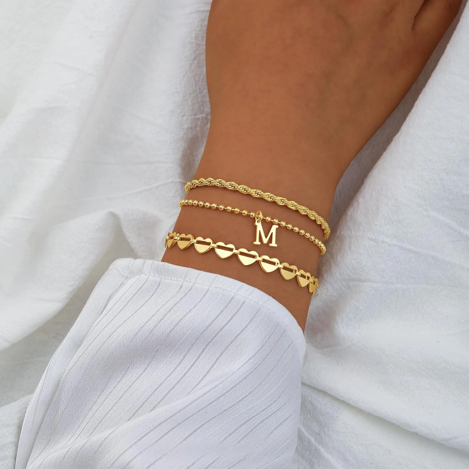 Tasiso Gold Bracelets for Women Gifts, 18K Gold Plated Letter Initial Bracelet Dainty Bead Monogram Bracelet Gold Initial Bracelets for Women Cute Jewelry Gifts