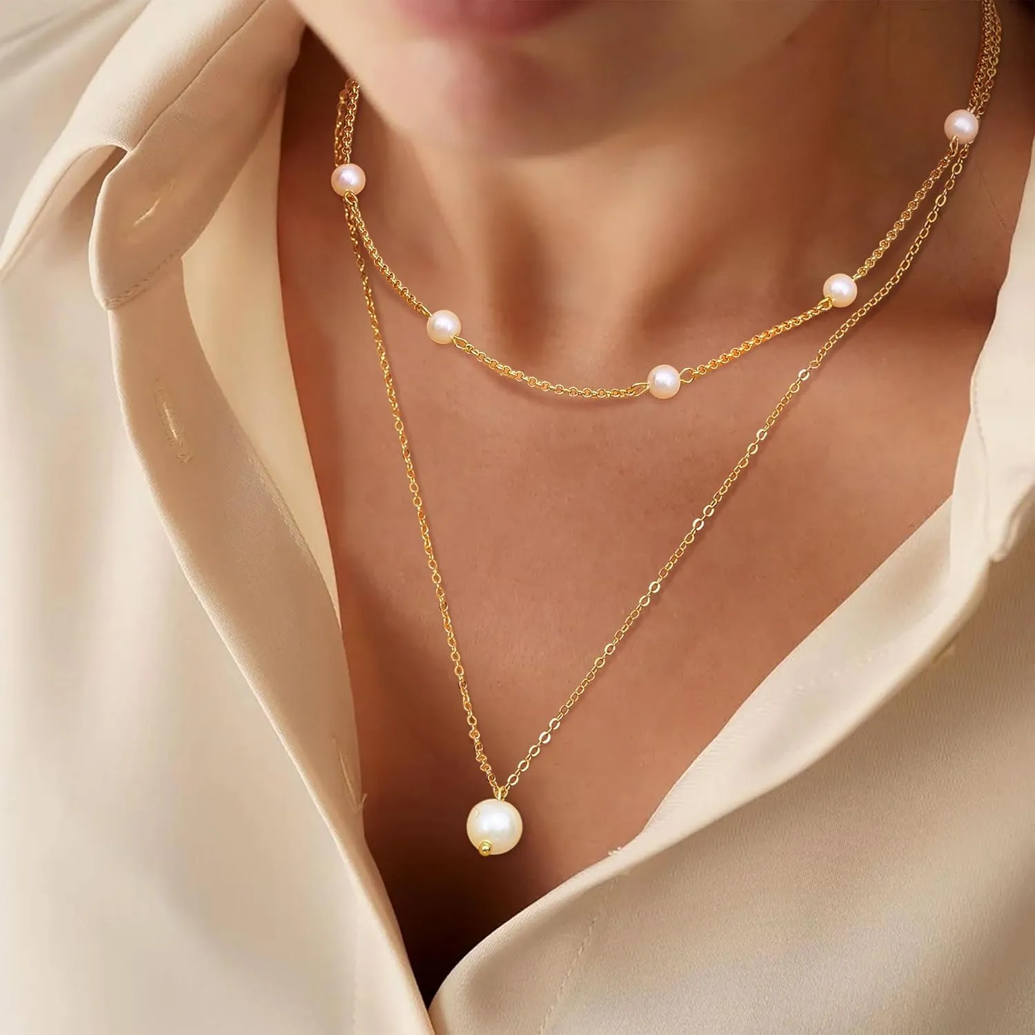 TEN MIRO Pearl Necklaces for Women Trendy, Dainty 16k Gold Layered Necklaces for Women Gold Necklace Stack Stackable Pearl Necklace for Wedding Prom Jewelry Gifts
