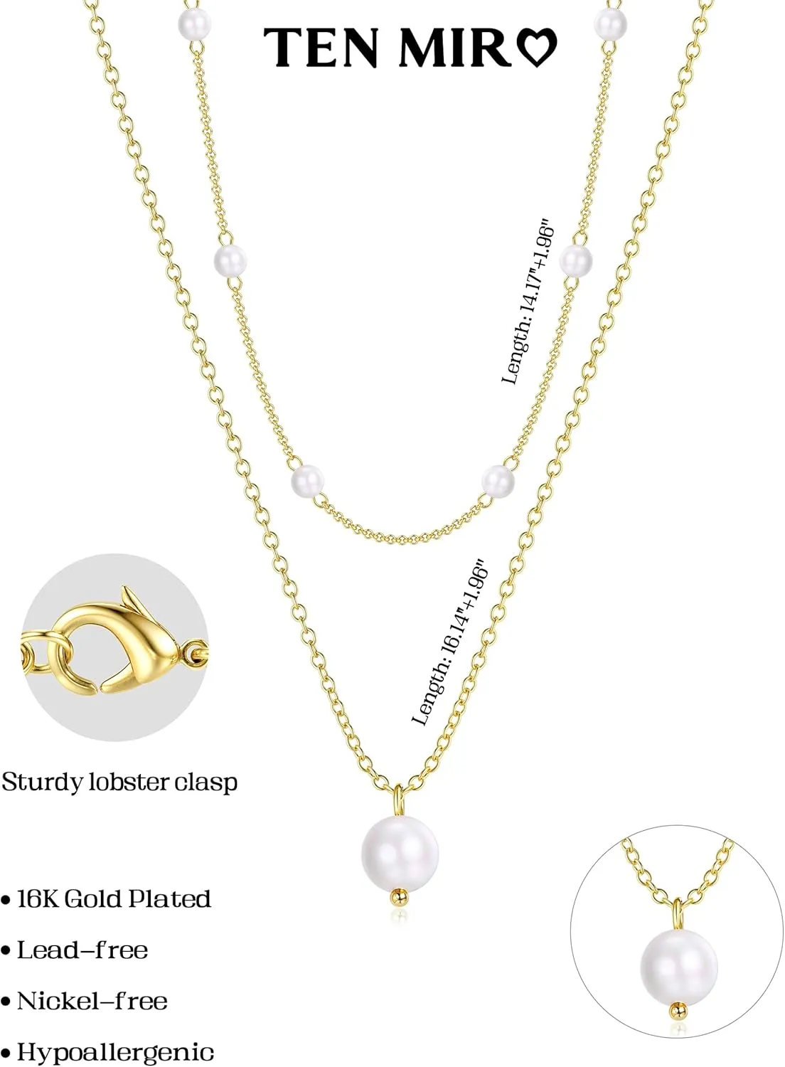 TEN MIRO Pearl Necklaces for Women Trendy, Dainty 16k Gold Layered Necklaces for Women Gold Necklace Stack Stackable Pearl Necklace for Wedding Prom Jewelry Gifts