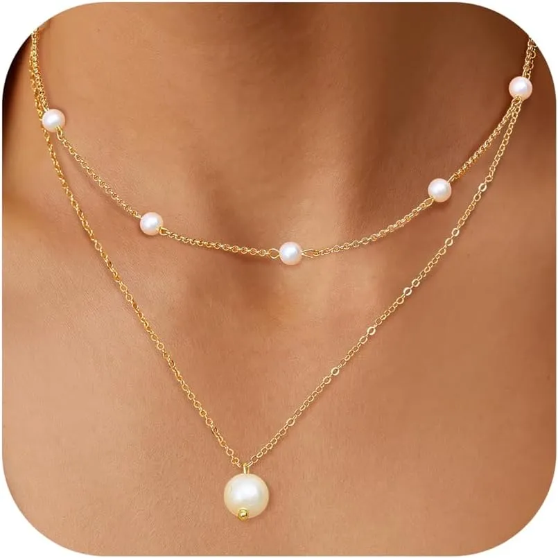 TEN MIRO Pearl Necklaces for Women Trendy, Dainty 16k Gold Layered Necklaces for Women Gold Necklace Stack Stackable Pearl Necklace for Wedding Prom Jewelry Gifts