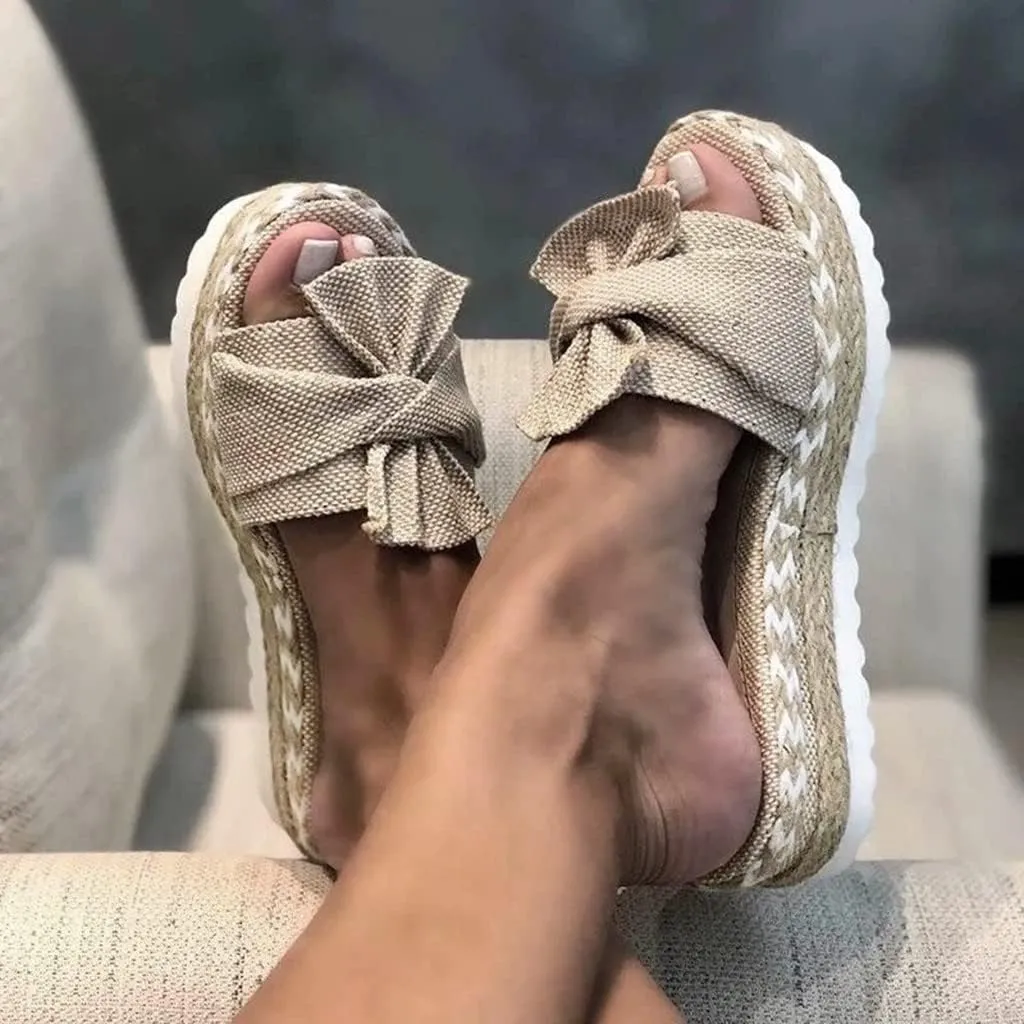 Toe Bow Weave Summer Breathable Open Sandals Flat Slip On Shoes Women's Beach Women's Slider Strap Sandals