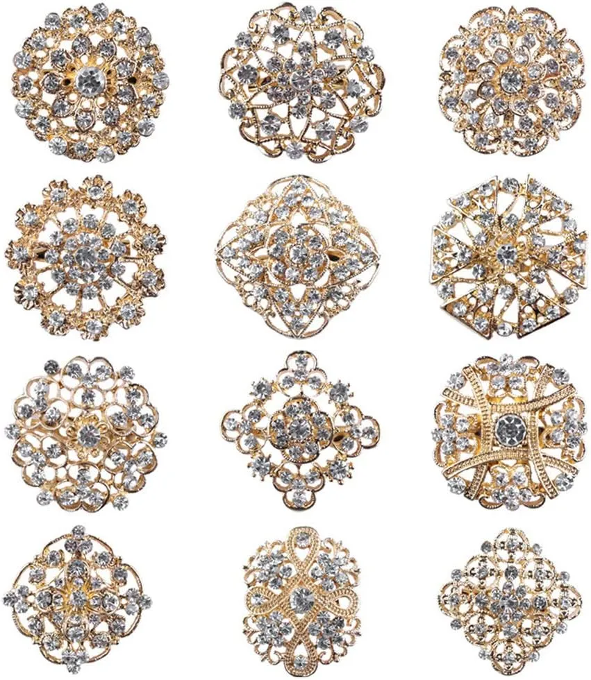 Tvoip Fashion Lot 12pc Clear Rhinestone Crystal Flower Brooches Pins