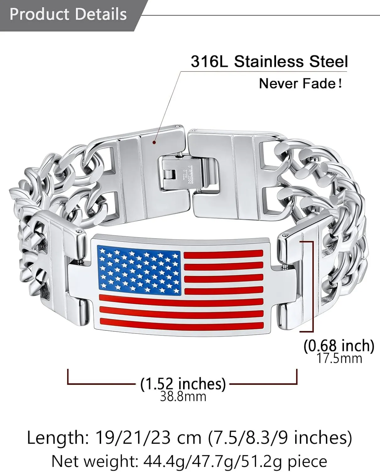 U7 Bracelets for Men American Flag Bracelets 4th of July Jewelry Leather Wristband Stainless Steel/18K Gold Plated/Black Cuban Link Chain Bracelets with US Flag Patriotic Bracelets,7.5/8.3/9 Inches