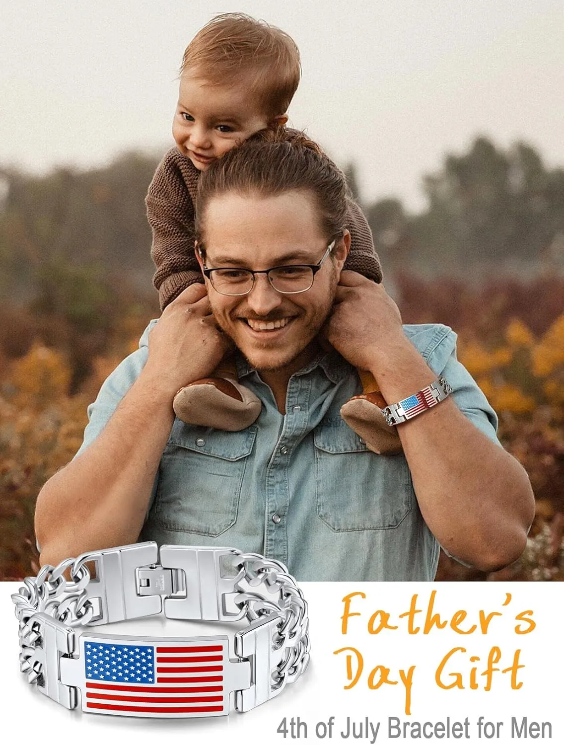 U7 Bracelets for Men American Flag Bracelets 4th of July Jewelry Leather Wristband Stainless Steel/18K Gold Plated/Black Cuban Link Chain Bracelets with US Flag Patriotic Bracelets,7.5/8.3/9 Inches