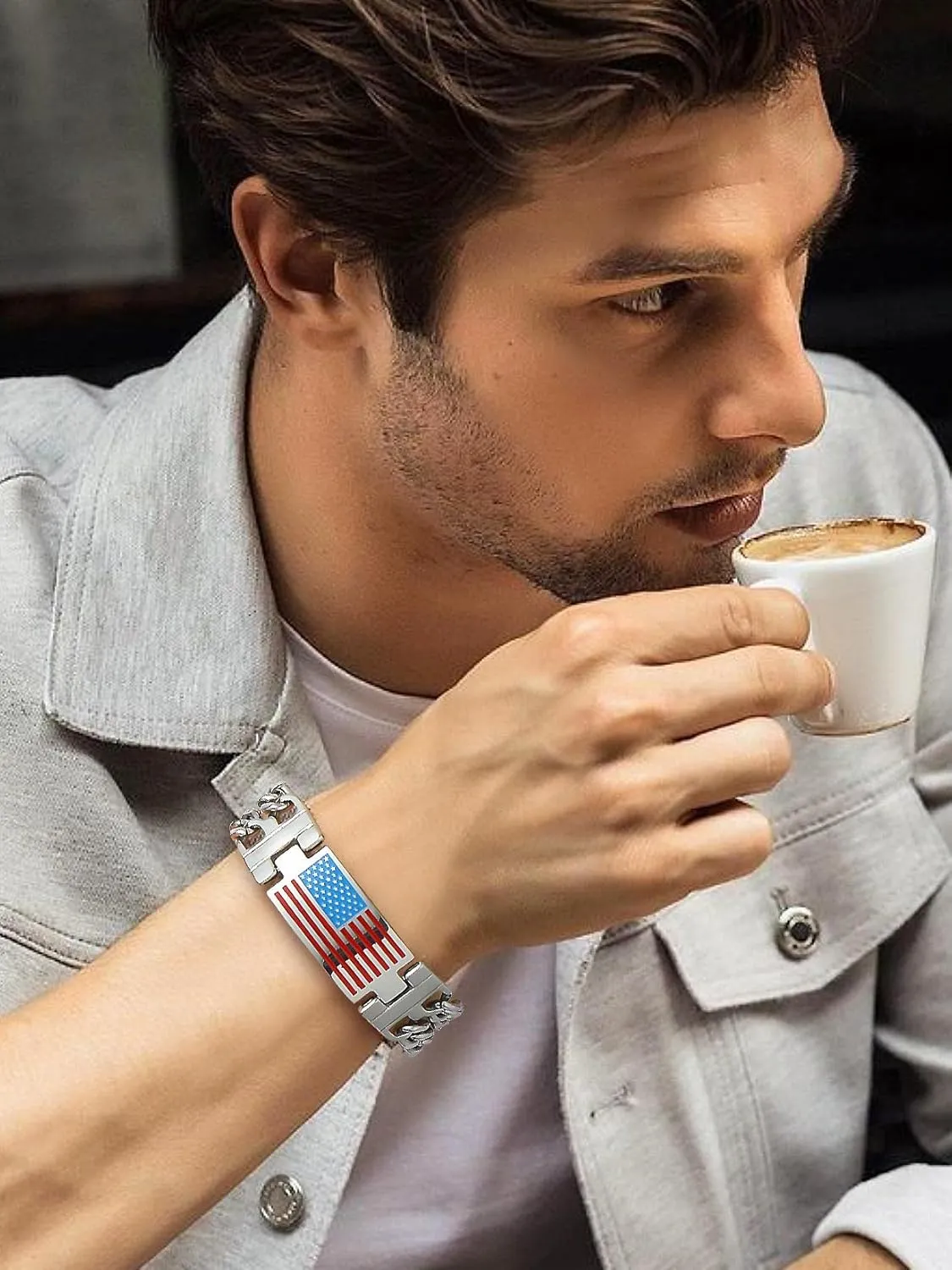 U7 Bracelets for Men American Flag Bracelets 4th of July Jewelry Leather Wristband Stainless Steel/18K Gold Plated/Black Cuban Link Chain Bracelets with US Flag Patriotic Bracelets,7.5/8.3/9 Inches